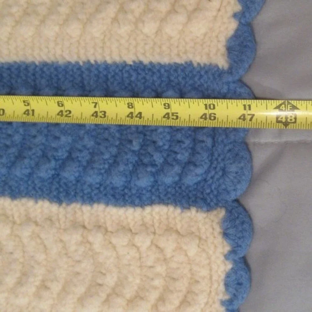 Handmade Crochet Afghan Throw Striped Blanket 47x35‎ Cream Blue Scalloped Edges